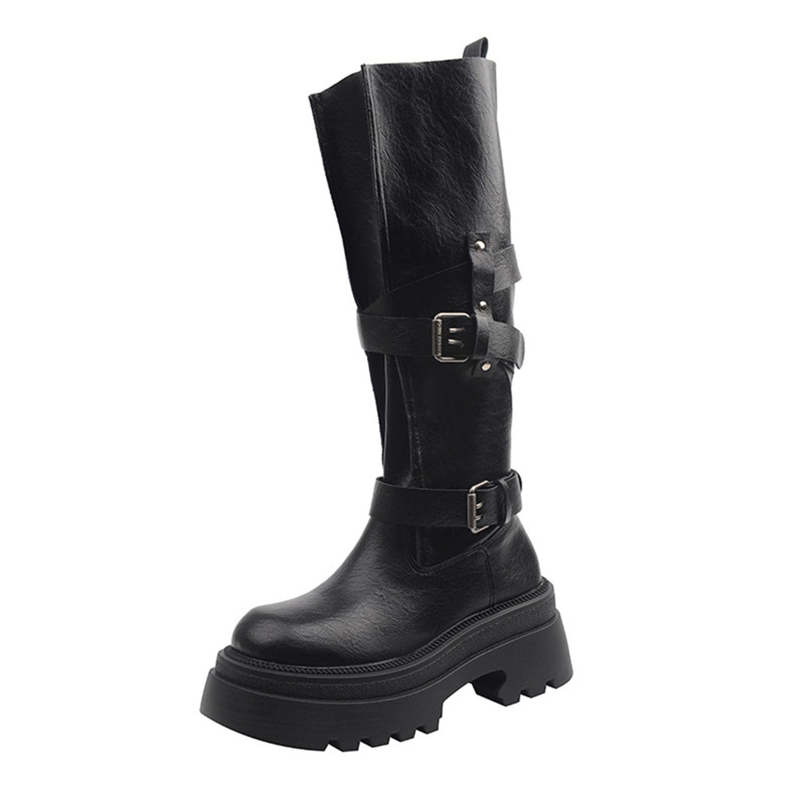 Womens Cowboy Boots Fashion Biker Style Knee High Booties Round Toe Platform Chunky Heel Footwear Cowboy Cowgirl Shoes