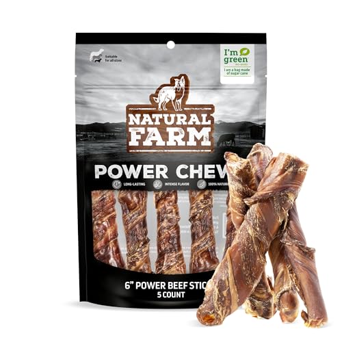 Natural Farm Power Beef Sticks Dog Chews (6”, 5-Pack), 2-in-1 Power Chews: Premium Bully Cheek Wrapped in Beef Esophagus for Double Chewing Time, Promotes Dental Health, Great for Medium Dogs