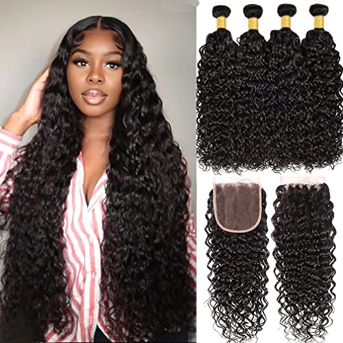 Water Wave Bundles and Closure Human Hair (20 22 24 26+18 Free Part) Wet and Wavy Bundles with 4×4 Lace Closure Virgin Human Hair Bundles with Free Part Lace Closure Hair Extensions Natural Black