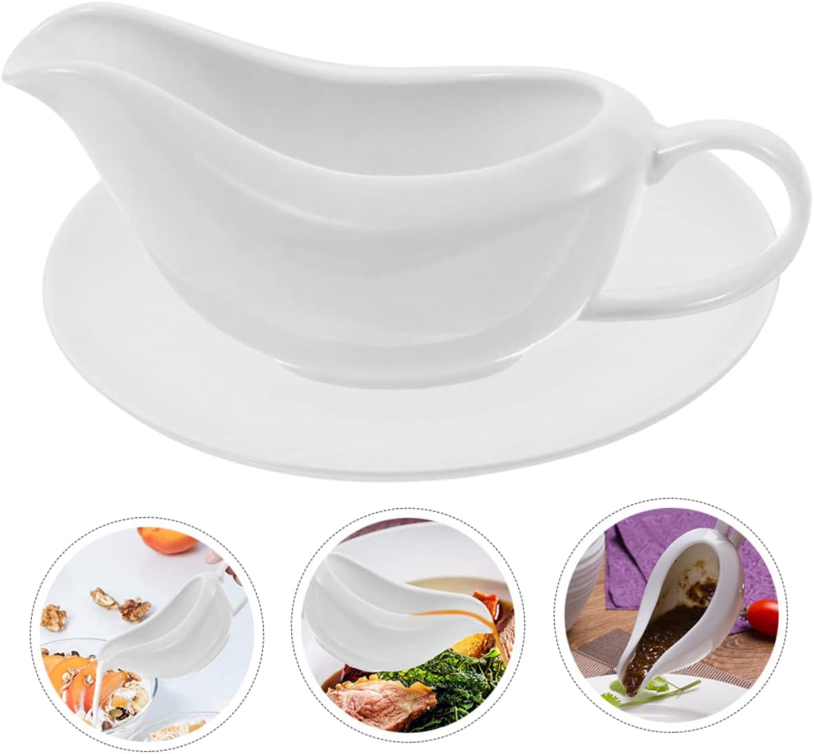 Cabilock Ceramic Gravy Boat Saucer Dripless Lip Spout Sauce Pitcher for Dressings Milk and Gravy Ergonomic Handle for Restaurants and Home Use