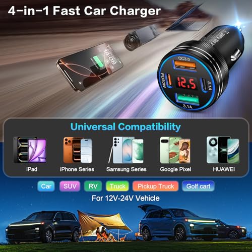 Cargador de coche 65W con 4 puertos PD y QC 3.0 para iPhone 17 y Samsung 7