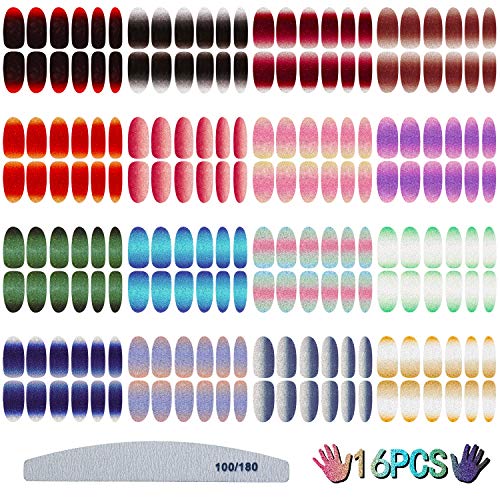 16 Sheets Glitter Nail Wraps Pure and Gradient Color Full Wrap Nail Polish Stickers Self-Adhesive Shine Nail Decals with Nail File for Women Girls (Bright Gradient Color)