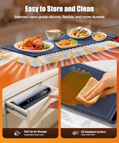 Image of Warming Mat for Food, 36x15 Inch, Dark Blue, Fast Heat, Child Lock