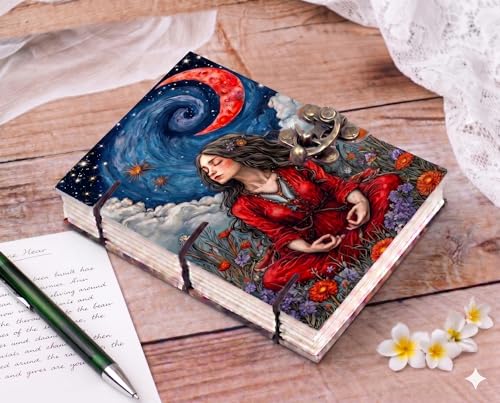 Image of URBAN UNFOLD Aesthetic Handmade Digital Printed Diary with Vintage Metal Lock | A5 Size (7x5 Inch) Hardcover Journal | 200 Unruled Blank Pages | Hand-Stitched Premium Personal Notebook for Writing, Sketching & Gifting (Mystical Red Moon Girl Artwork)