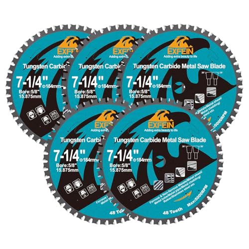 7-1/4" 48T Metal Circular Saw Blade - 5-Pack EXFEIN Tungsten Carbide Tipped Saw Blade Arbor 5/8" for Metal Sheet or Pipe, Angle Iron, Rebar, Ferrous Metals, Non-Ferrous Metals
