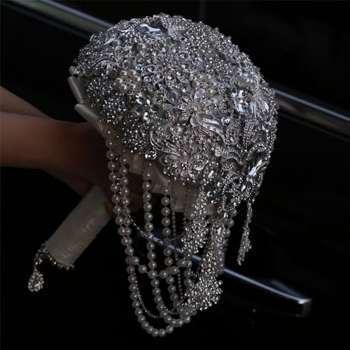 Image of MaxxCloud Luxury Gatsby-Inspired Vintage Wedding Golden Brooch Bouquets Handmade Sliver Bling Glam Wedding Bridal Bouquet