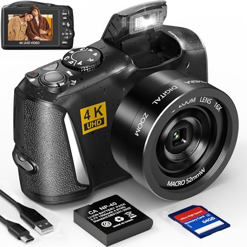 Longyi Cámara Digital 4K 48MP Cámara fotográfica con Tarjeta SD de 64 GB, Pantalla LCD de 3 Pulgadas, cámara de vlogging, 1 batería y Cargador, cámara compacta para Youtube, Adolescentes y