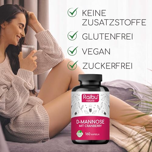 Raibu D-Mannose Kapseln mit Cranberry - 2100 mg D Mannose pro Tagesdosis - 160 Kapseln hochdosiert - Vegan, natürlich, rein & ohne Zusätze in Deutschland produziert & laborgeprüft