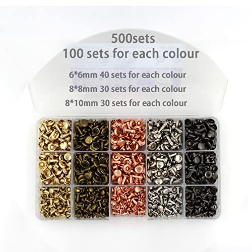 Alloygold 500 Sets Leather Rivets Kit, Double Cap Rivet In 5 Colors 3 Sizes (6 * 6Mm,8 * 8Mm,8 * 10Mm) ，Rivets For Fabric With Fixing Tools For Diy Leather Craft/Clothes/Shoes/Bags Decoration #TOP7