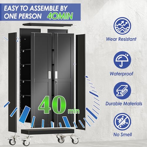 AUEYTVR 71\" Tall Metal Garage Storage Cabinet with Wheels and Locking Doors and Tall Rolling Steel Tool Cabinet with 4 Adjustable Shelves for Garage,Home,Office,Shop (Black) - Thumbnail 4