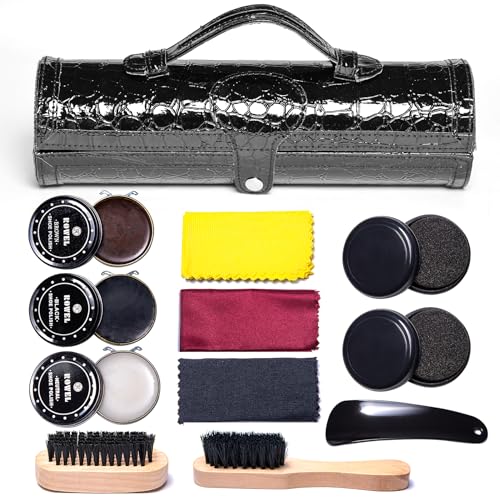 YUET Kits de Cuidado de Zapatos 12 piezas, Equipo para Lustrar Calzado con un Elegante Estuche en Cuero Polipiel, Equipo de Viaje para Lustrado de Calzado