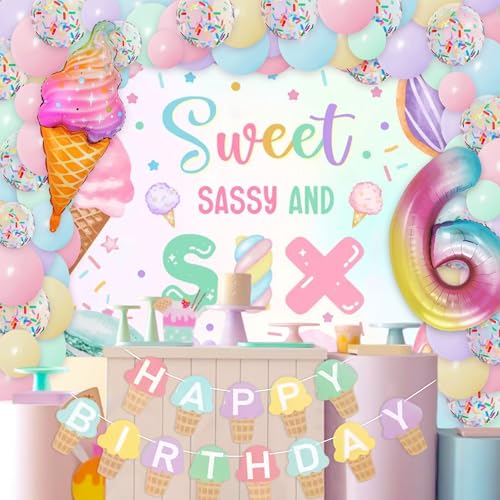 Image of Sweet Sassy and Six Birthday Decorations for 6 Year Old Girl Birthday Party Decor Ice Cream Donut Backdrop Balloons Macaron Baby Shower Party Supplies