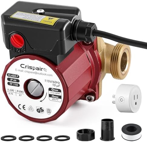 Crispaire 1/8 HP 115V Hot Water Recirculating Pump with 20 ft Cord Canned Rotor Circulator with 1-1/4" NPSM Union Brass Housing Direct Replacement for Grundfos UP15-29SU/LC 59896776