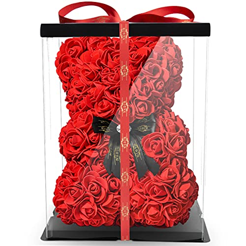 NADIR 25cm Blumenbär mit Schleife / inklusive vorverpackter Geschenkbox Größen / Valentinstag Muttertag Geburtstag Jahrestag Infinity Rosebear Bär aus Rosen Flower Teddy Teddybär Blütenbär Cover
