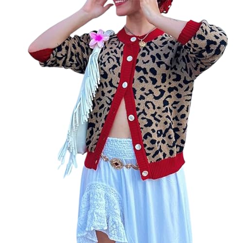 Womens Leopard Print Cardigan Crew Neck Long Sleeve Button Down Sweater Casual Streetwear
