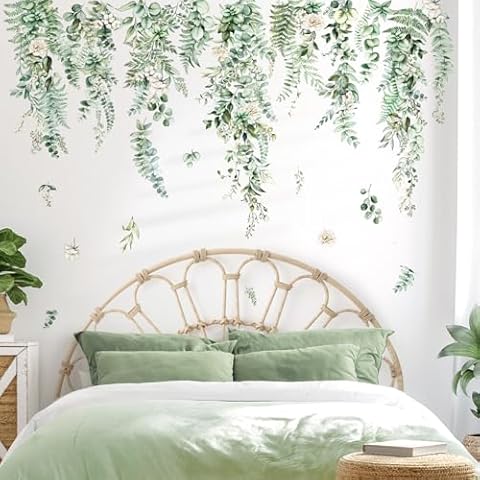 decalmile Green Plants Leaves Wall Decals Hanging Vines Tropical Flower Leaf Wall Stickers Bedroom Living Room Sofa TV Background Wall Decor Cover