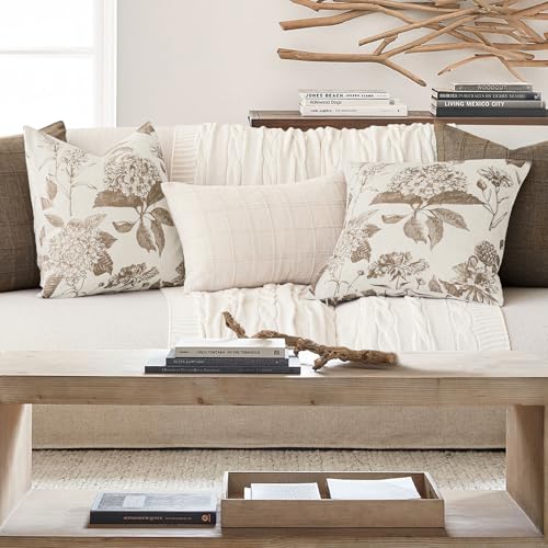 Image of Foindtower Set of 2 Linen Floral Throw Pillow Covers Neutral Vintage Print Decorative Cushion Covers Farmhouse Boho Home Decor for Sofa Chair Couch Bedroom Living Room,24x24 Inch,Light Brown