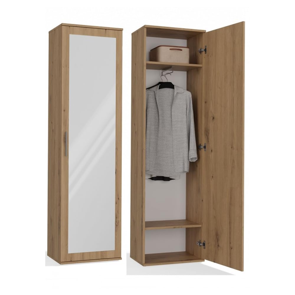 HOME HUB ATARA | Hall Storage cabinet with large mirror | 180x50x35 cm | Two shelves + clothes hanger inside | Hall furniture