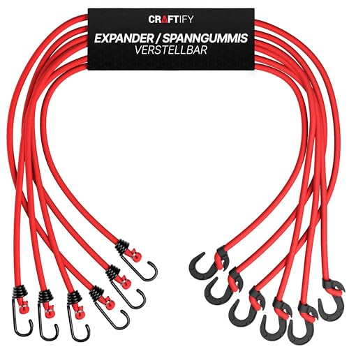 CRAFTIFY® Verstellbare Expander 10-80cm - 6er Set rot - Extra Starke Spanngummis mit Haken zur Befestigung - Gepäckspanner für Fahrrad, Camping, Ladungssicherung und Handwerk