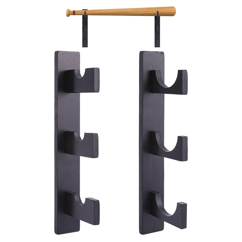 DICOSMETIC 1Pair 3-Tier Baseball Bat Display Holders 3.92x1.67x11.81 Inch Wall Mount Bat Holder Stand Wood Softball Bats Storage Rack Black Sport Equipment Hanger Organizer for Living Room Bedroom