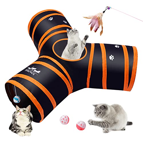 HolySpirit Diameter 30cm Collapsible Cat Tunnel Tube with Funny cat Stick, Pompon and Bells Kitty Tunnel Bored Cat Pet Toys Peek Hole Toy Ball Cat, Puppy, Kitty, Kitten, Rabbit (3 Way) (Orange)