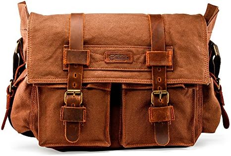 Messenger Bag for 14/15 Inch Laptop Vintage Canvas Leather Shoulder Crossbody Briefcase Satchel Shoulder Computer College Bag Travel Office Messenger Bag for Men Women-Coffee
