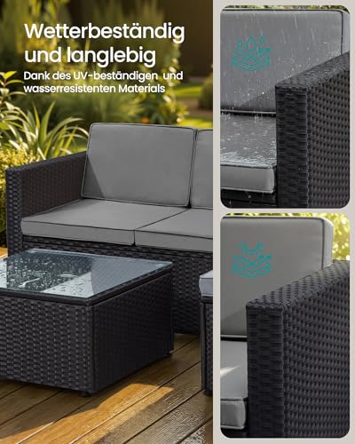 SONGMICS Gartenmöbel-Set, Balkonmöbel aus PE-Polyrattan, Terrassenmöbel, Ecksofa, Outdoor, handgeflochtenes Rattan, Lounge-Set, mit Kissen und Glastisch, schwarz-grau GGF005B04 3