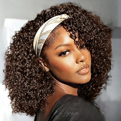 Image of XSY Headband Wig Human Hair Kinky Curly Headband Wigs for Black Women Glueless None Lace Front Wigs Deep Curly Human Hair Wigs Wear and Go 150% Density Chocolate Brown 4# 18 Inch