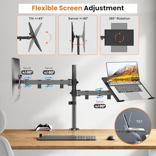 Image of Dyazo Dual Monitor Desk Mount with Laptop Tray | Fits 13-32 inch Monitors & 10-15.6 inch Laptops | Fully Adjustable Arms with Height Adjustment & 360 Rotation | Dual Mount with C-Clamp /Grommet Base (Black)