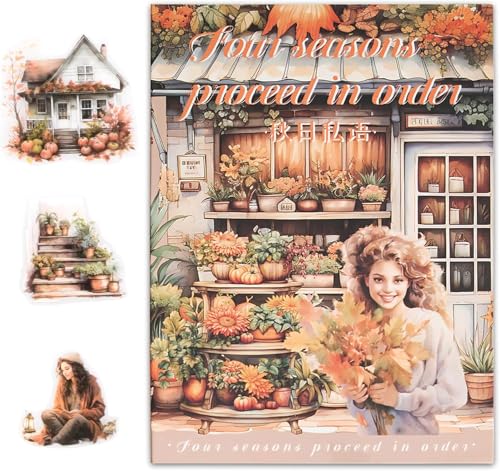 Image of Jaravik Seasons Theme Vintage Aesthetic Sticker Book - 20 Sheets Seasonal Scrapbook Stickers | | Cottagecore Planner & DIY Craft Supplies Scrapbooking Stickers (Autumn)