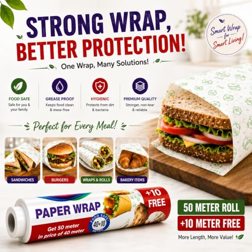 Image of Feather's Multipurpose Food Wrapping Paper Roll | Pack of 1, 50m | Baking Butter Paper | Parchement Paper for Baking and Air Fryer | Roti, Sandwich, Rolls, Lunch and Packaging