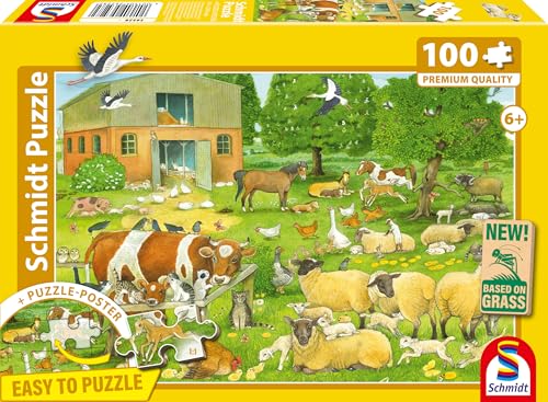 Puzzle Schmidt Spiele Farm Animals Families 100 pièces 36 1 x 24 3 cm Paysage Dès Carton Bordure jaune Neuf - vue 2