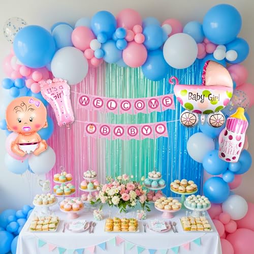 Image of 57 Pcs Welcome Baby Decoration Kit | Balloons, Banner, Curtains, Foils, Stars, Hearts & Confetti for Baby Shower & Newborn Celebration (Set 21)