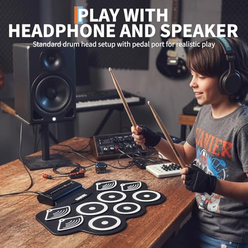 Image of Wireless Electronic Drum Set with 9 Pads, Portable Roll-Up Practice Kit for Kids & Beginners , Built-in Speaker, LED Lights, Recording & Headphone Output ,Includes Kick Pedal, Drum Sticks