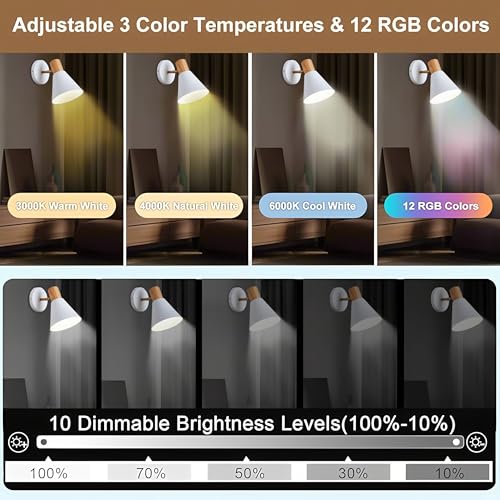 Image of Battery Operated Wall Sconces Lighting Set of 2, Adjustable Wireless Wall Lamp, Cordless Wall Lighting with Remote and Dimmable Rechargeable Bulbs for Bedroom Living Room (White)