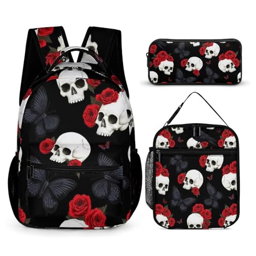 Bookbag Set Daypack with Lunch Box Makeup Bags Shoulder Bags with Lunch Bag Cosmetic Bag Gothic Raven Red Rose Flowers Skull Floral (2) Backpack Set