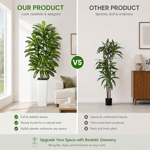 Image of Artificial Dracaena Tree Indoor, 7FT Tall Fake Floor Plants with White Planter & Pebbles, Faux Silk Yucca Tree for Home Office Living Room Bedroom Farmhouse Modern Outdoor Topiary Tree