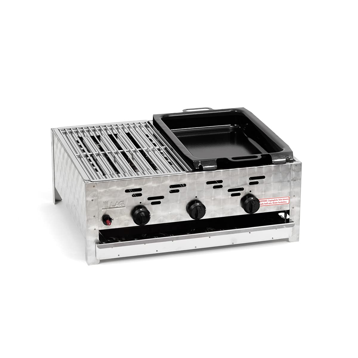 Gasgrill-Kombibräter 11 kW 3-flammiger Edelstahl-Brenner geteilte Arbeitsfläche, mit kleinem Grillrost und kleiner emaillierter Stahlpfanne Gastrobräter