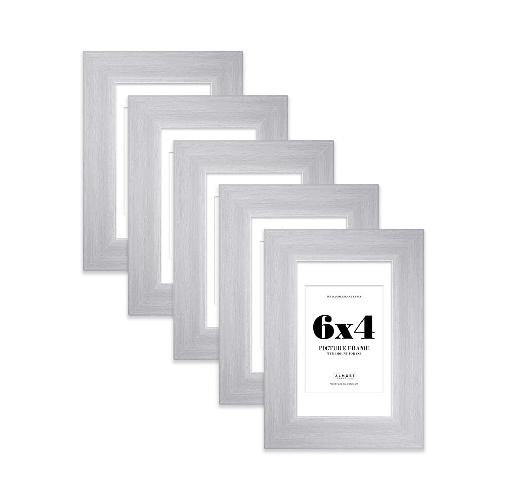6x4" Silver Frame With Mount for 4x3" Pictures 28mm Edge Portrait and Landscape Display with Wall Hooks and Kickstand, 5 Pack