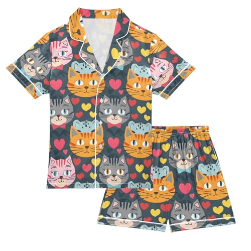 ALAZA Funny Stylish Cat Kitten Heart Pajamas Satin Pajama Set Short Sleeve Button Down Sleepwear