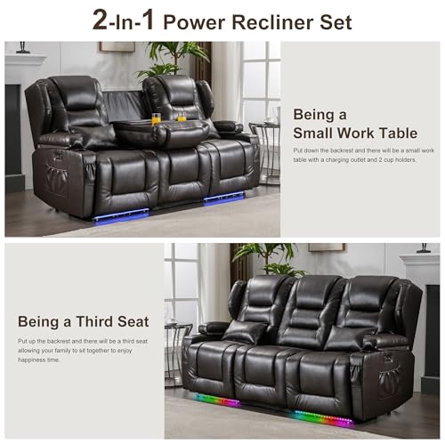 Image of DRMBOOK RV Power Loveseat Recliner Sofa, Faux Leather 3-Seater Wall Hugger Reclining Sofa, Home Theater Seating Chairs with Cup Holder, 3 Person Couch RV Furniture for Living Room, Brown