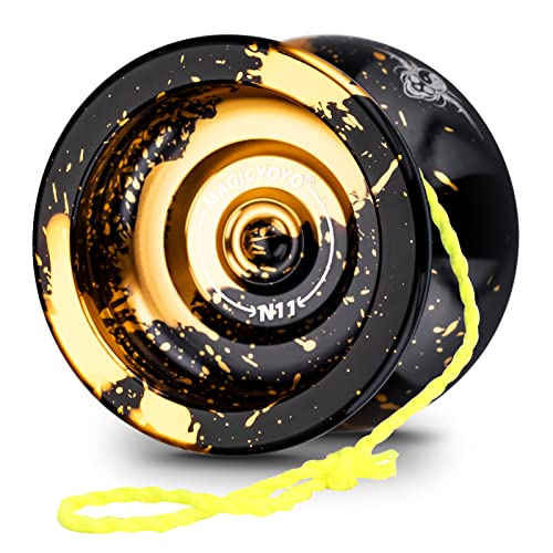 MAGICYOYO Professionelles JoJo N11 Plus Reaktionsfähiges JoJo für Kinder, Zweizweck-Metall Jo-Yo mit Nicht reagierendem Yoyo-Modus + Yo-Yo-Lagersatz + 6 Yoyo Schnüre + Yo-Yo Tasche (Schwarz Golden)