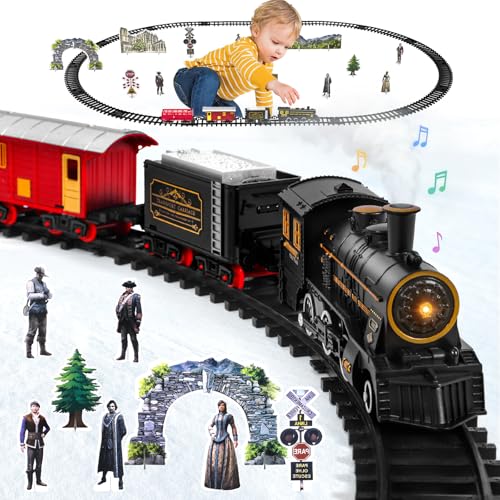 BUOAZR Tren Retro Navideño, Tren Arbol De Navidad Electrico, a Batería, Juguete para Niños con Vapor, Luces y Sonidos, y 4 Vagones de Juguete Electrónico Decoración de Navidad
