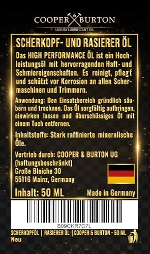 Scherkopf Öl & Feinmechaniköl 50 ML Schermaschinenöl für Haarschneidemaschine Haarschneideklingen Barttrimmer & Trimmer | Rasierer & Rasierapparat Öl | Leichtmaschinenöl von COOPER & BURTON