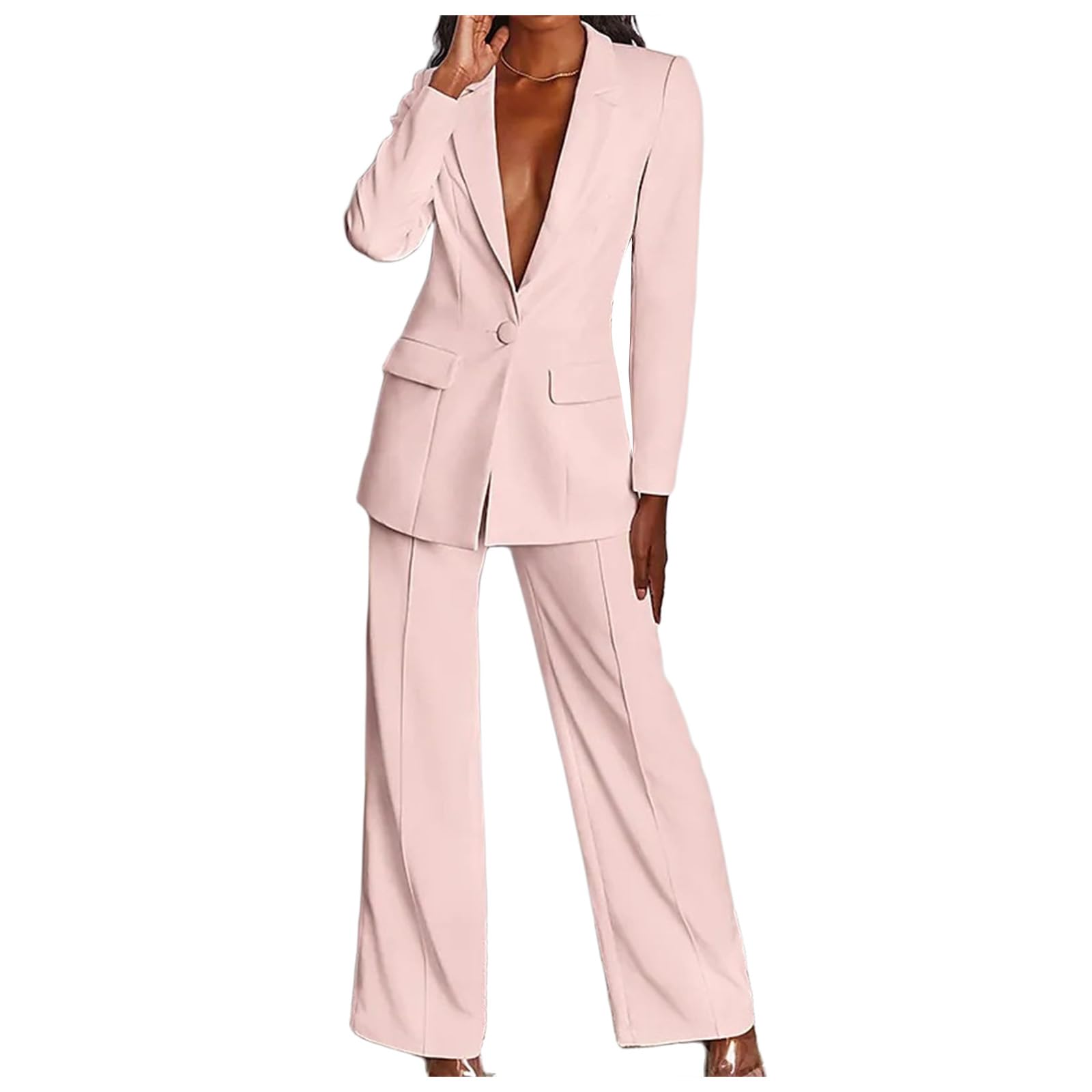 KAJXZ 2 Piece Outfits for Women,Women's Sexy Deep V Neck Business Casual Office Suits Wide Leg Pants Suits Jacket
