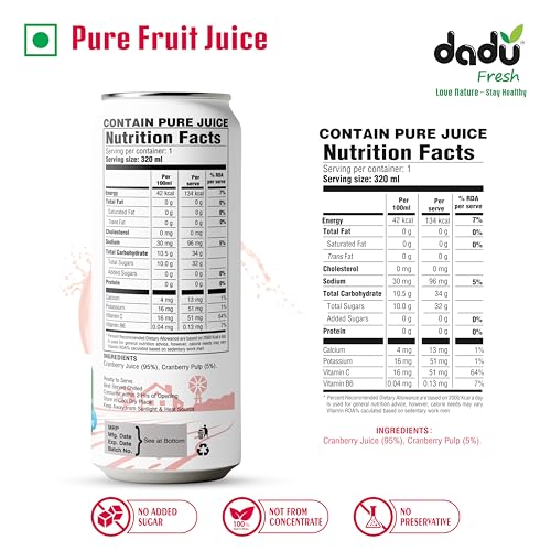 Image of Dadu Fresh Cranberry Juice | Pure Natural Fruit Healthy Beverage | Not from Concentrate, No Added Sugar, No Preservatives or Artificial Flavours | Vitamin Rich & Naturally Refreshing | 4 Cans x 320ml (1280ml)