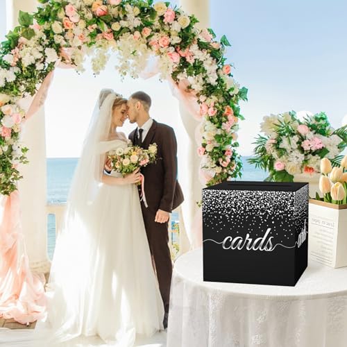 Image of Black Card Box for Party, 8.7 inch Cards Star Silver Foil Design Gift Cards Receiving Box Holder for Wedding, Bridal Shower, Graduation, Birthday, Retirement, Baby Shower, Anniversaries Party Decorations