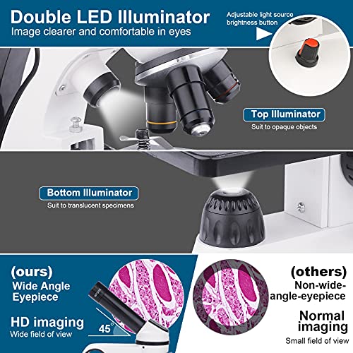 Monocular Microscope For Adults Students,40X-2000X Magnification,Dual Led Illumination Beginners Microscopes With Science Kits,Phone Adapter,Carrying Case,Ac Adapter,15 Slides For Lab Class Study #TOP3