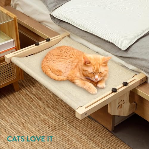 Indoor Cat Hammock Window Perch – Cordless cat Shelf seat with 4 Legs, Wood & Metal Frame with a Soft Bed No Drilling Required | Easy Adjustable 2 in 1 cat Bed for Windowsill, Floor & Bedside