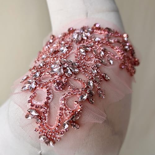Sparkle Rhinestone Applique Wedding Dress Accessories Beaded Patch V-Neck Crystal Neckline Pink Color2